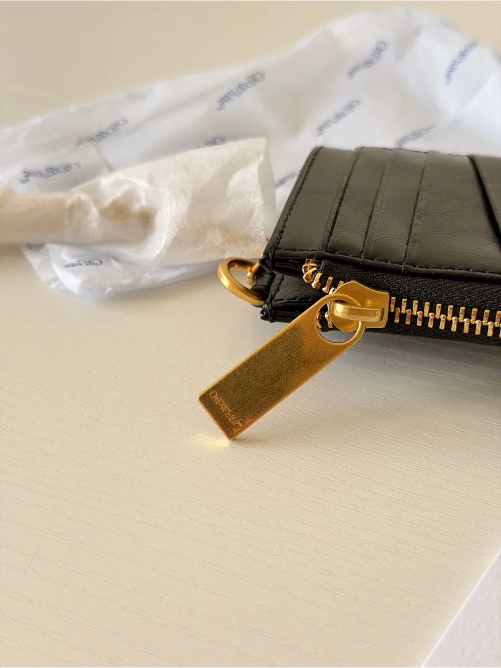 New Off-White Black Keychain Wallet, Leather Zip Card Pouch with Gold Zipper